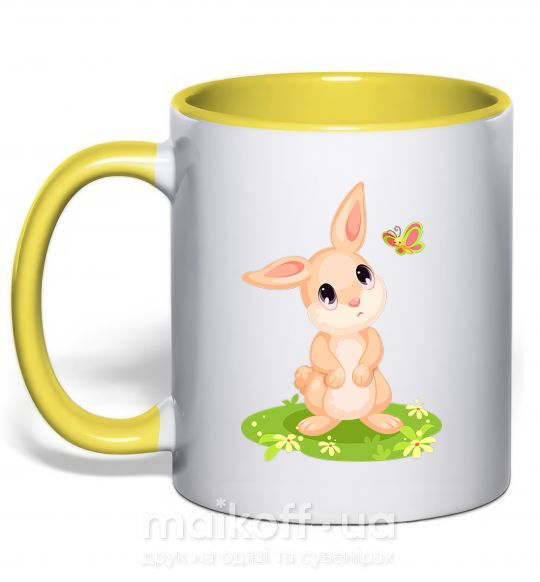 Чашка з кольоровою ручкою Кролик на лужайке Сонячно жовтий фото