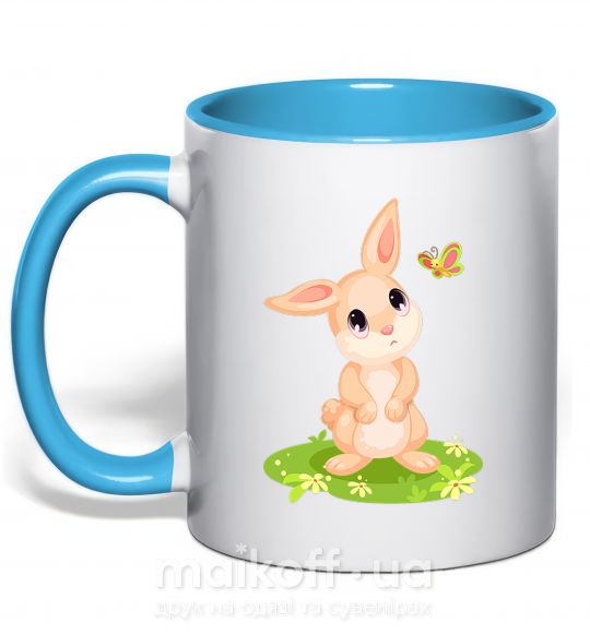 Чашка з кольоровою ручкою Кролик на лужайке Блакитний фото