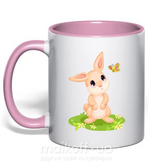 Чашка з кольоровою ручкою Кролик на лужайке Ніжно рожевий фото