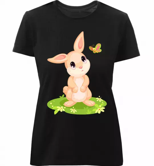 Женская премиум футболка Кролик на галявині Черный фото