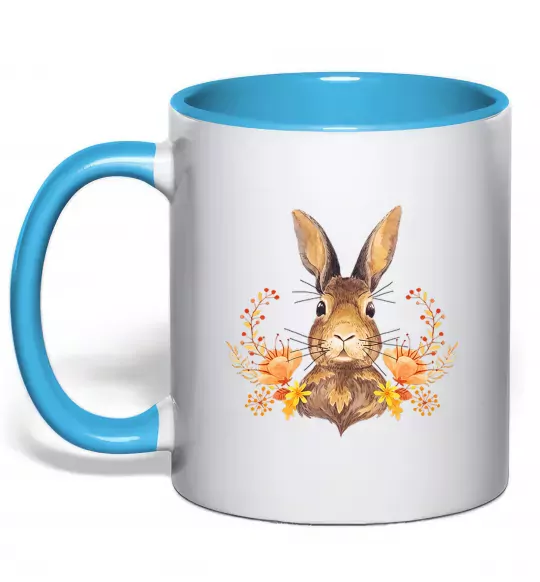 Чашка с цветной ручкой Осінній заєць Голубой фото