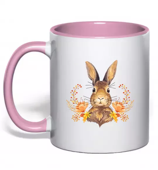 Чашка с цветной ручкой Осінній заєць Нежно розовый фото