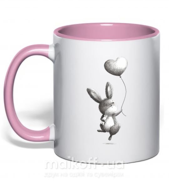 Чашка з кольоровою ручкою Зайчик с шариком Ніжно рожевий фото