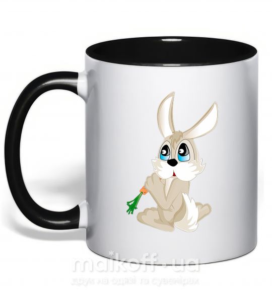 Чашка с цветной ручкой Голубоглазый заяц с морковкой Черный фото
