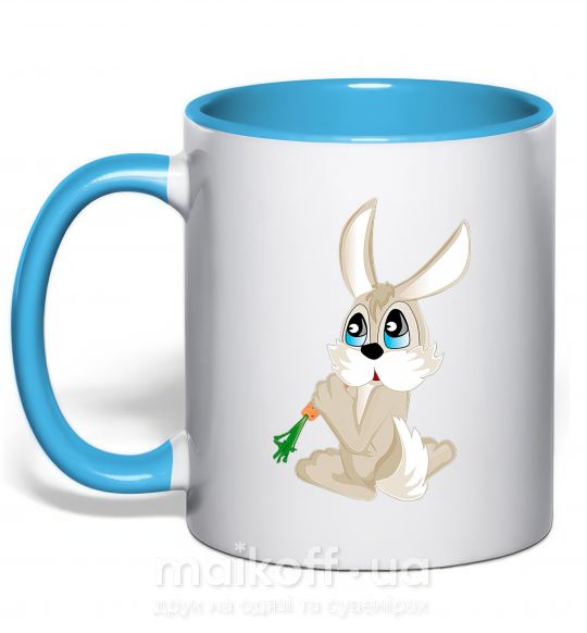 Чашка с цветной ручкой Голубоглазый заяц с морковкой Голубой фото