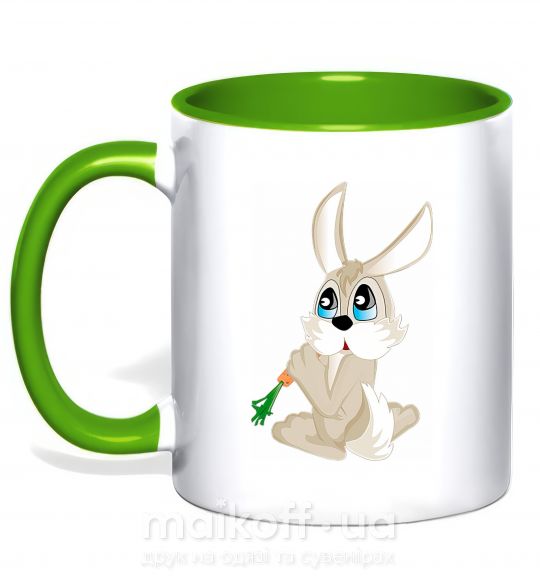 Чашка з кольоровою ручкою Голубоглазый заяц с морковкой Зелений фото