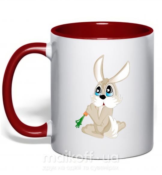 Чашка с цветной ручкой Голубоглазый заяц с морковкой Красный фото