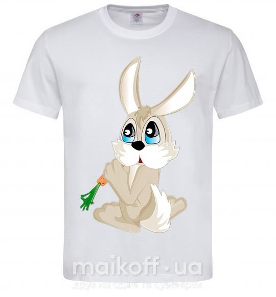 Мужская футболка Голубоглазый заяц с морковкой Белый фото