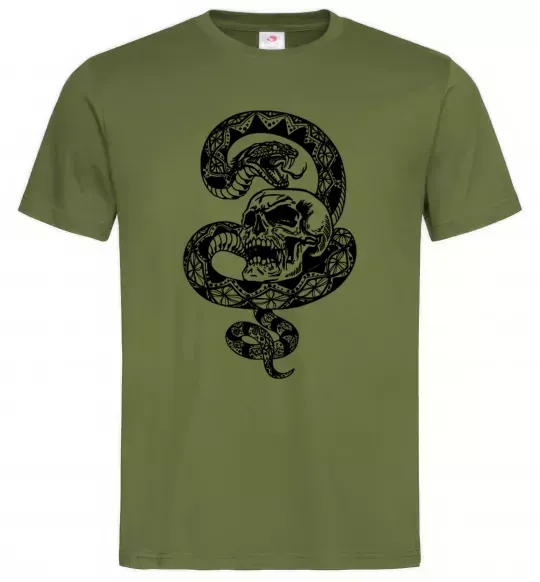 Чоловіча футболка Змія з візерунком і череп Оливковий фото