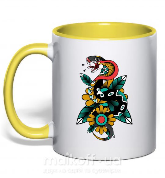 Чашка з кольоровою ручкою Змея на листиках Сонячно жовтий фото