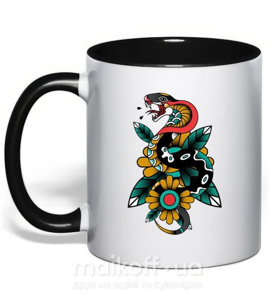 Чашка з кольоровою ручкою Змея на листиках Чорний фото