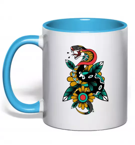 Чашка з кольоровою ручкою Змія на листках Блакитний фото