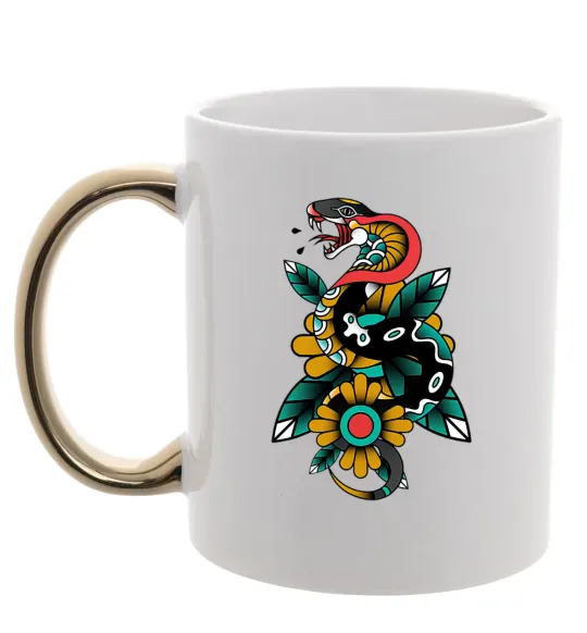 Чашка з кольоровою ручкою Змія на листках Золото фото