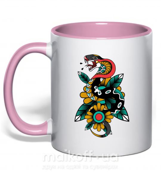 Чашка з кольоровою ручкою Змея на листиках Ніжно рожевий фото
