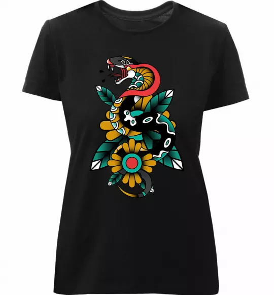 Женская премиум футболка Змія на листках Черный фото