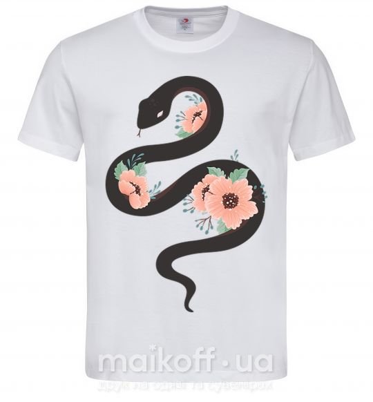 Мужская футболка Темня змея с цветами Белый фото