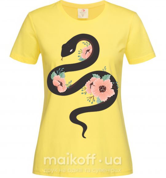 Жіноча футболка Темня змея с цветами Лимонний фото