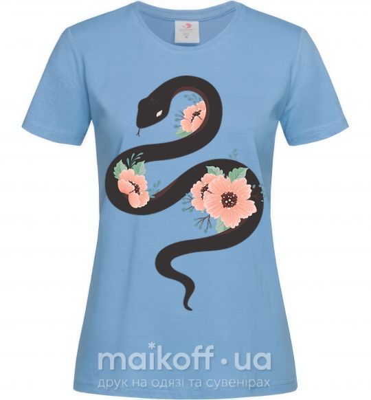 Жіноча футболка Темня змея с цветами Блакитний фото