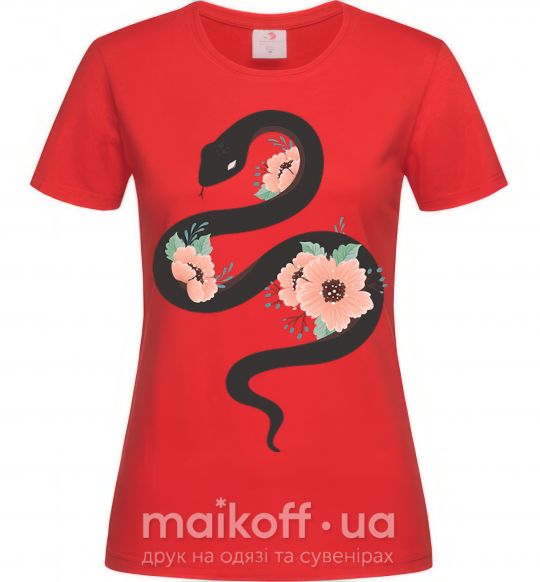Женская футболка Темня змея с цветами Красный фото
