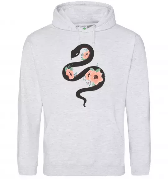 Женская толстовка (худи) Темна змія з квітами Серый меланж фото