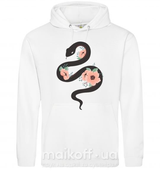 Мужская толстовка (худи) Темня змея с цветами Белый фото