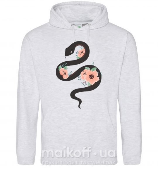 Женская толстовка (худи) Темня змея с цветами Серый меланж фото