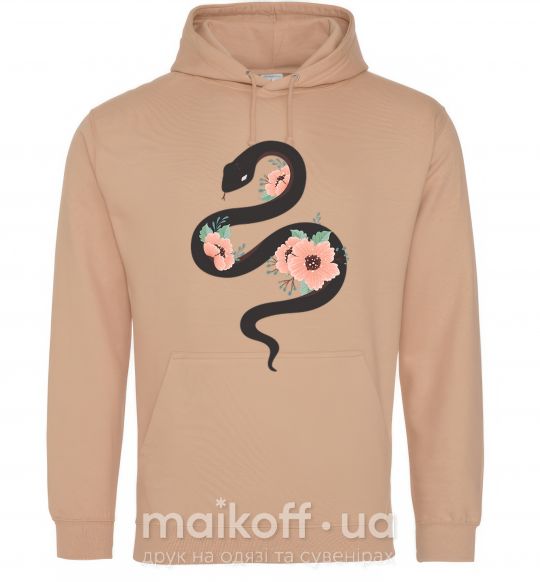Женская толстовка (худи) Темня змея с цветами Песочный фото