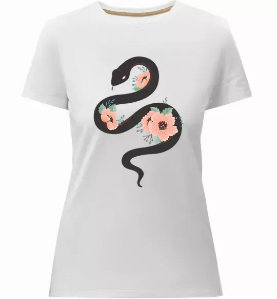 Женская премиум футболка Темна змія з квітами Белый фото