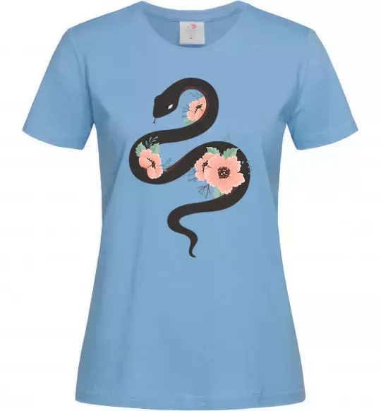 Женская футболка Темна змія з квітами Голубой фото
