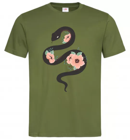 Мужская футболка Темна змія з квітами Оливковый фото