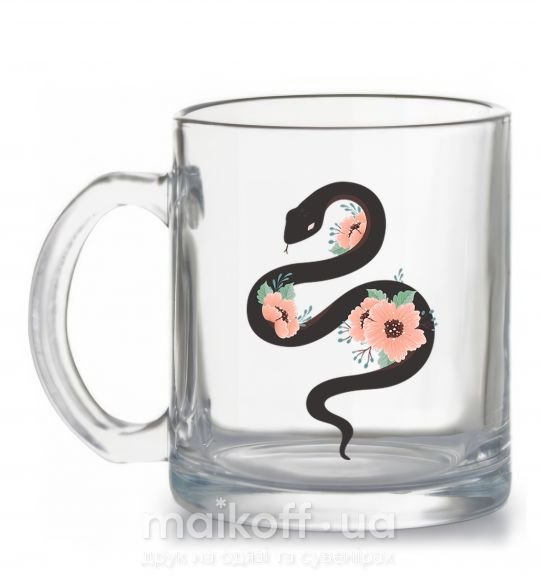 Чашка скляна Темня змея с цветами Прозорий фото