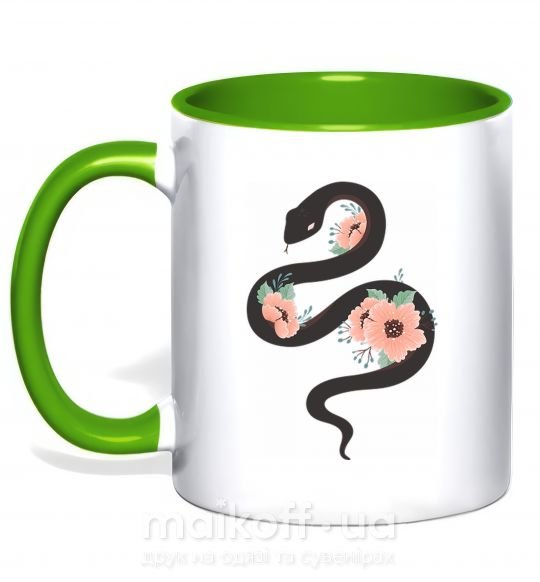 Чашка з кольоровою ручкою Темня змея с цветами Зелений фото