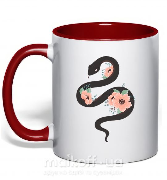 Чашка с цветной ручкой Темня змея с цветами Красный фото